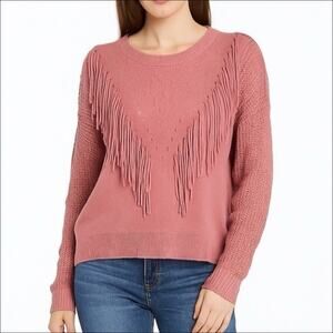 Umgee Mauve Pink Fringe Front Crew Neck Pointelle Sweater Size Large NWT